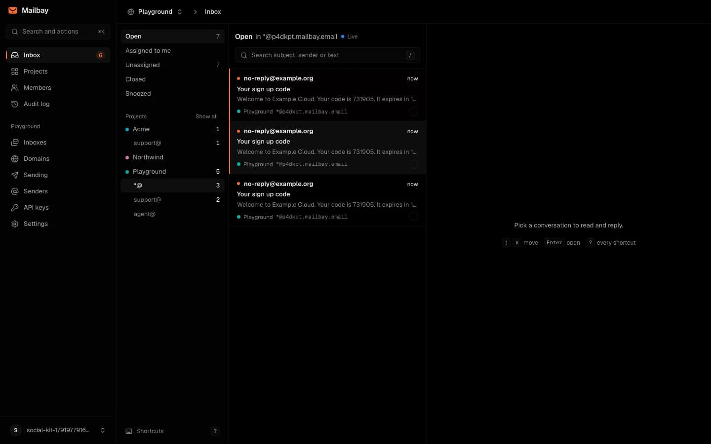 The Sukhovei Mail inbox filtered to the Catch-all, showing three sign up code emails sent to addresses that were never created