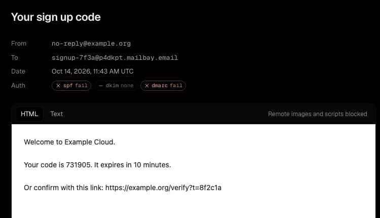 A received message in the Sukhovei Mail dashboard with its authentication results: spf fail, dkim none, dmarc fail