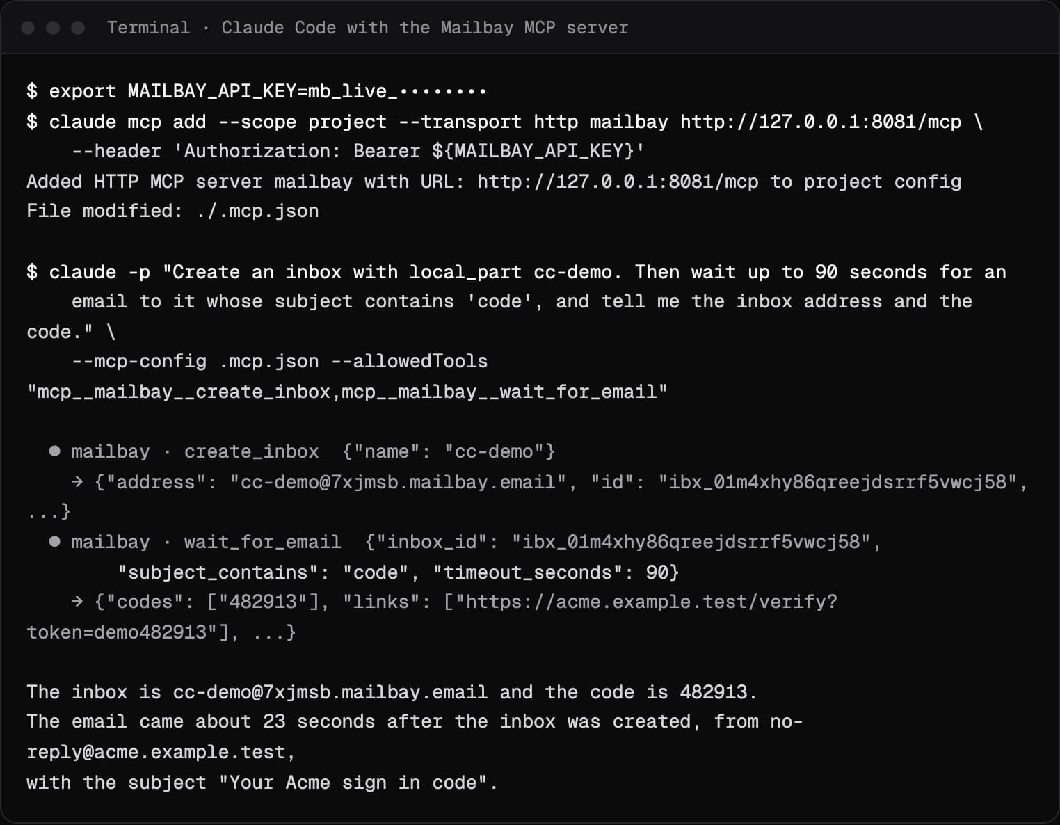 Terminal showing claude mcp add for the Sukhovei Mail MCP server, then a claude -p run that calls create_inbox and wait_for_email and prints the code 482913
