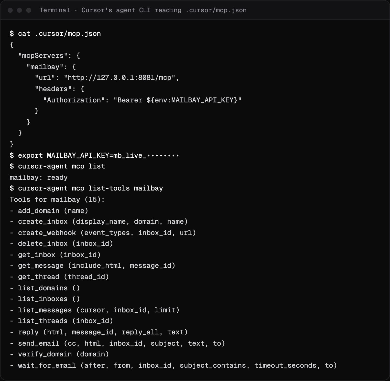 Terminal showing .cursor/mcp.json for Sukhovei Mail, cursor-agent mcp list reporting mailbay ready, and the 15 Sukhovei Mail tools with their arguments