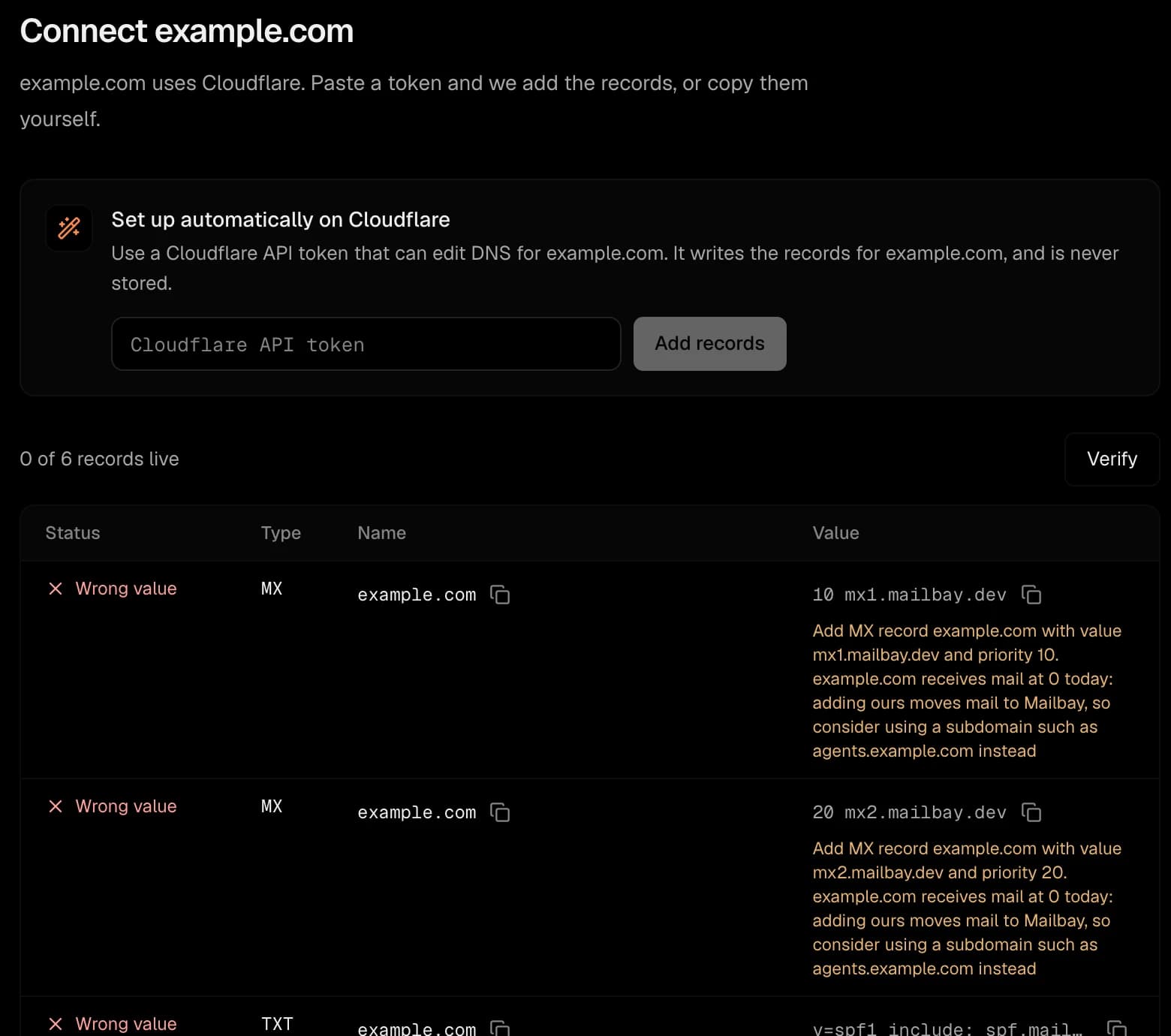 The Sukhovei Mail domain setup step listing the DNS records to publish for example.com, each with a live status and a plain language fix