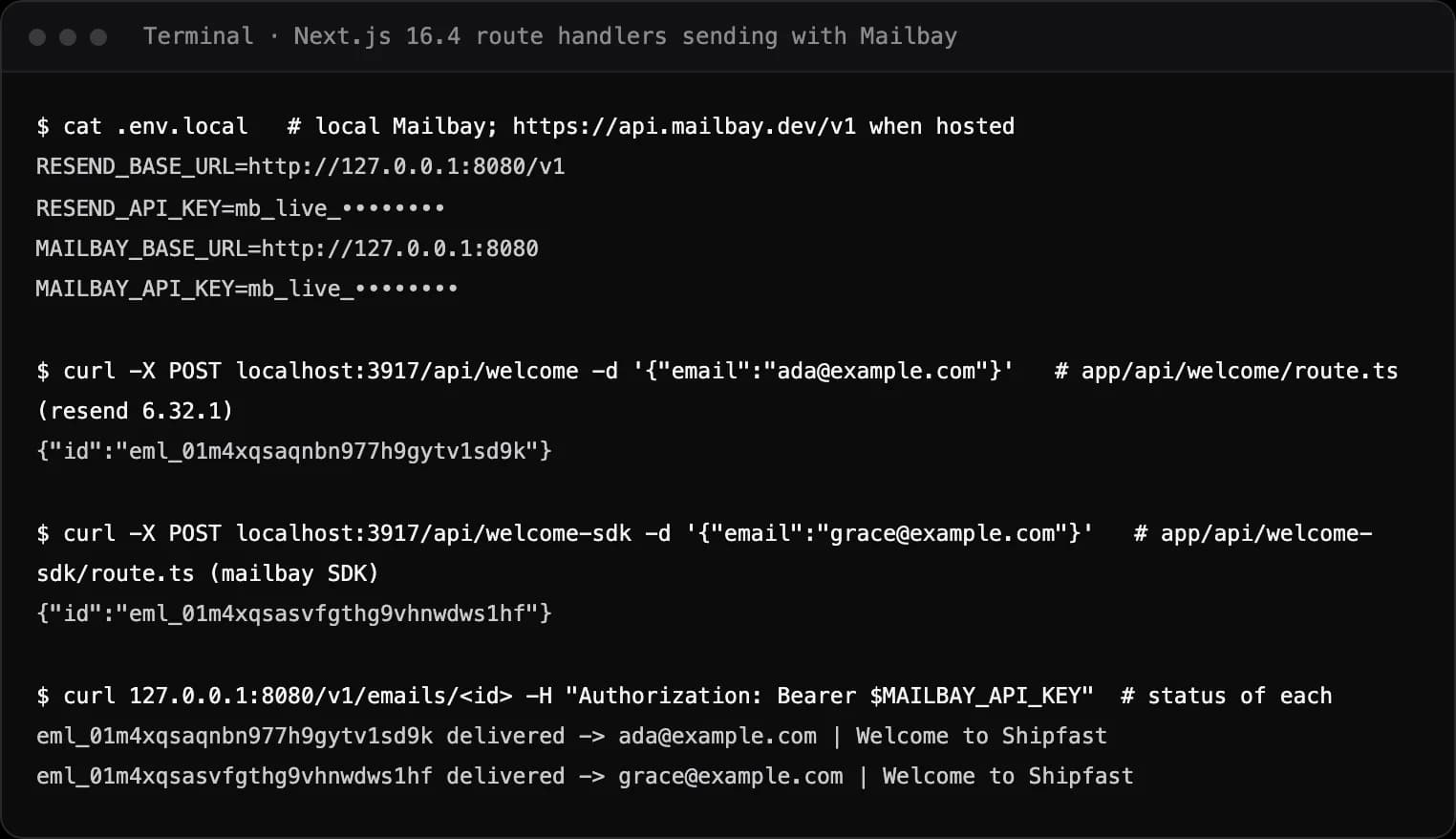 Terminal showing a Next.js app's .env.local with masked keys, two POST requests to route handlers that return email ids, and both emails delivered