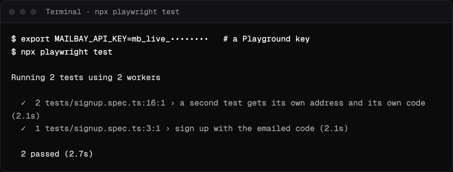 Terminal output of npx playwright test with two passing sign up tests that each received their own emailed code