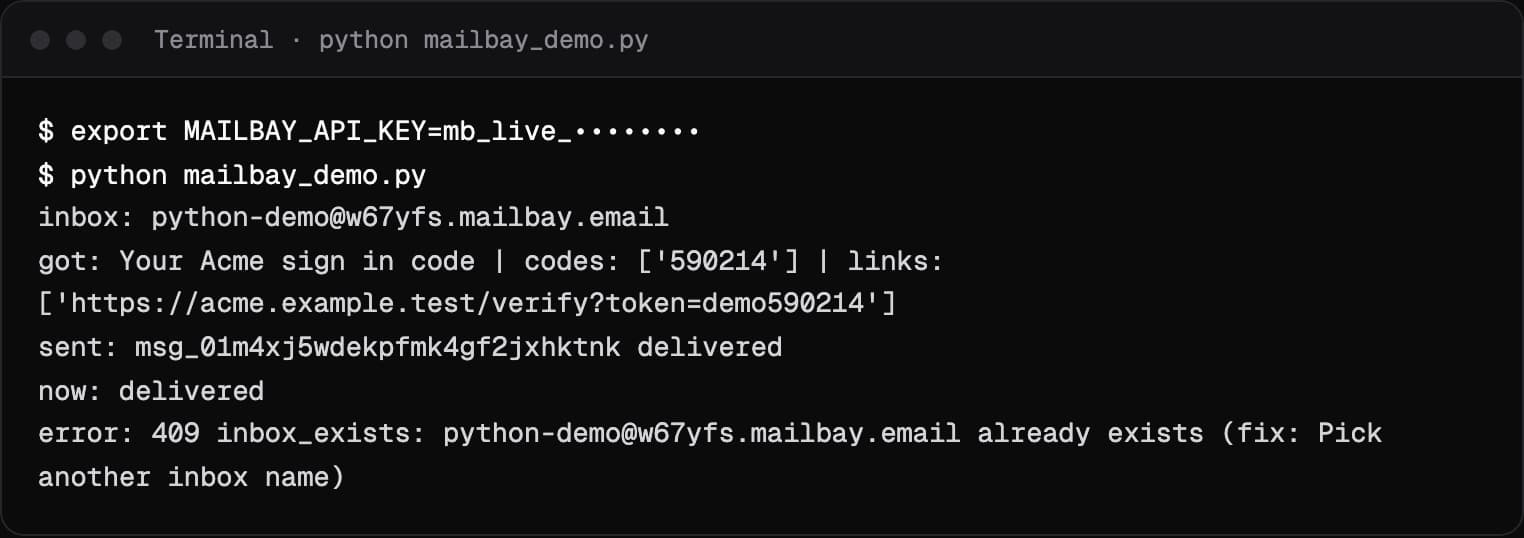 Terminal output of a Python script using requests: an inbox created, an email received with the code 590214 extracted, a message sent and delivered, and an error with its fix