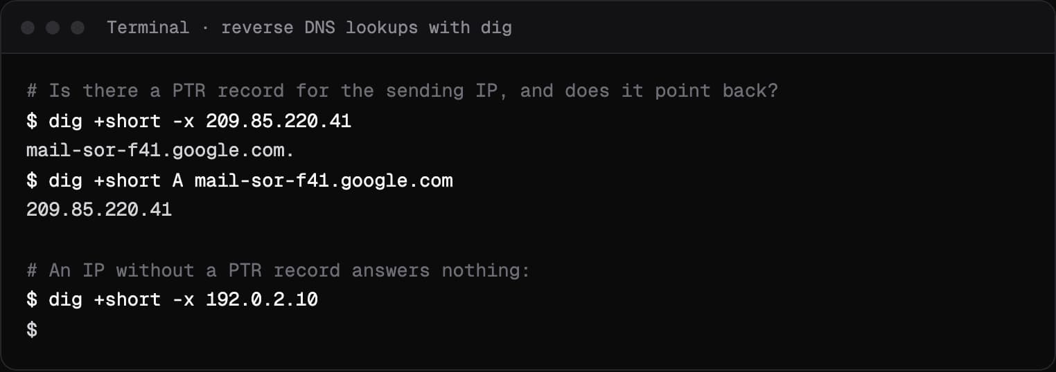 Terminal output of dig -x for a Google mail server IP returning its host name, the forward lookup returning the same IP, and an IP with no PTR record