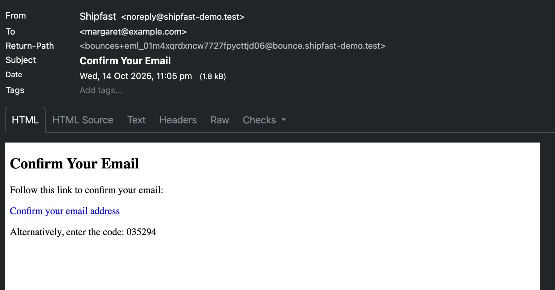The Confirm Your Email message from Supabase Auth as received, sent by Shipfast from noreply@shipfast-demo.test with a Sukhovei Mail bounce return path