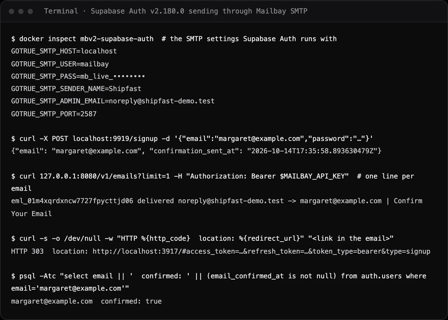 Terminal showing Supabase Auth's SMTP settings pointing at Sukhovei Mail, a sign up request, the confirmation email delivered in Sukhovei Mail's log, and the user confirmed after opening the link